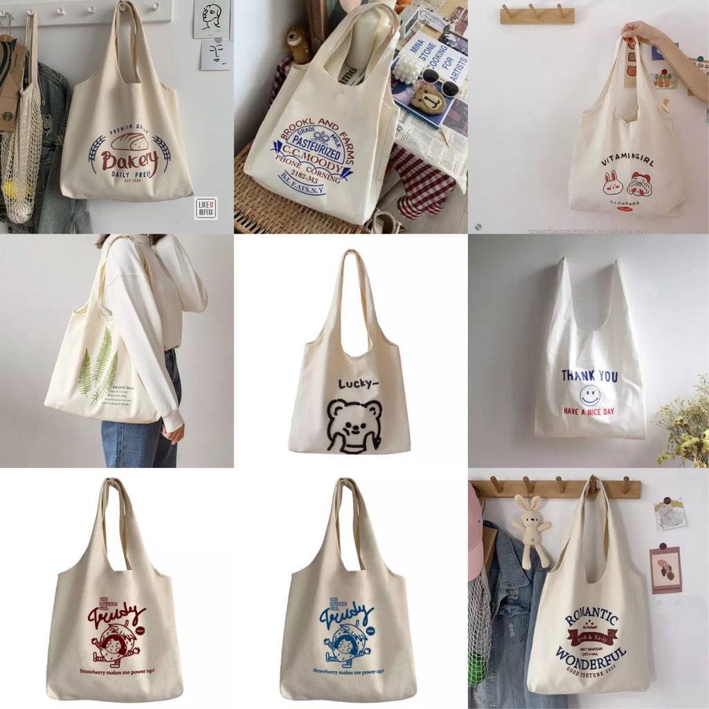 Jual Tote Bag Miniso Cewek Original Bahan Kanvas Tebal Motif Korea Sol  DI896 Tc18 Heroing Canvas Solid