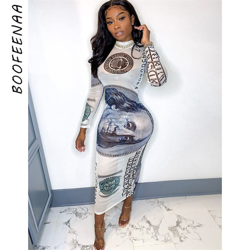 Sheer Mesh See Through Dollar Print Maxi Dresses