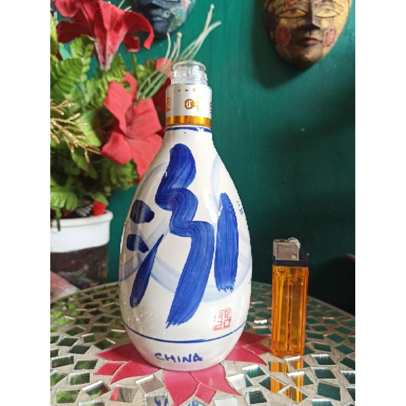 Botol keramik Vintage bekas Arak China tinggi 20 cm blue white klasik bisa sebagai Vas bunga