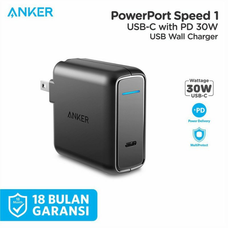 Jual Charger Anker PowerPort Speed I USB C 30W PD - A2014 US Black ...