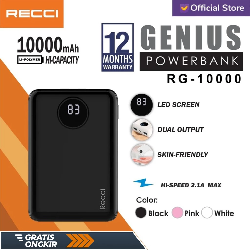 Powerbank RG-10000 GENIUS RECCI 10000mAhHitam/Putih/Pink