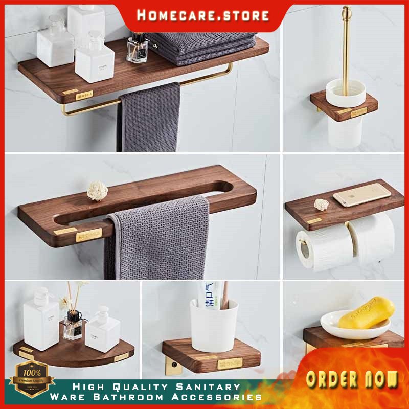 Jual Bathroom Accessories Set Wood & Gold Brass Towel Rack Corner Shelf