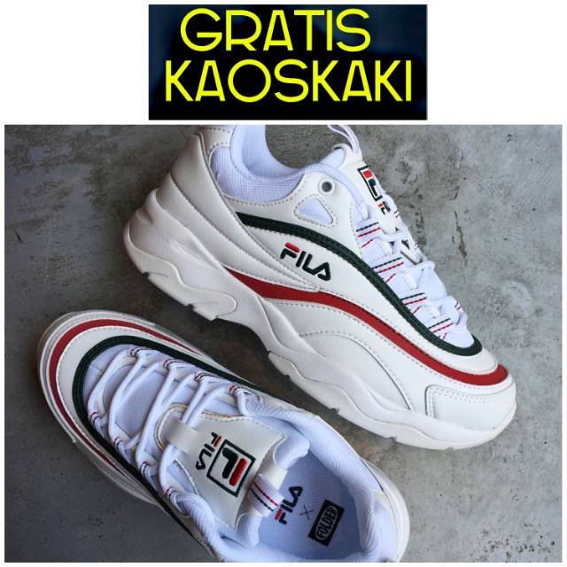 TERMURAH SEPATU SPORT WANITA FILA RAY KOREA WHITE GREEN RED OLAH RAGA LARI ZUMBA FITNESS DISRUPTOR