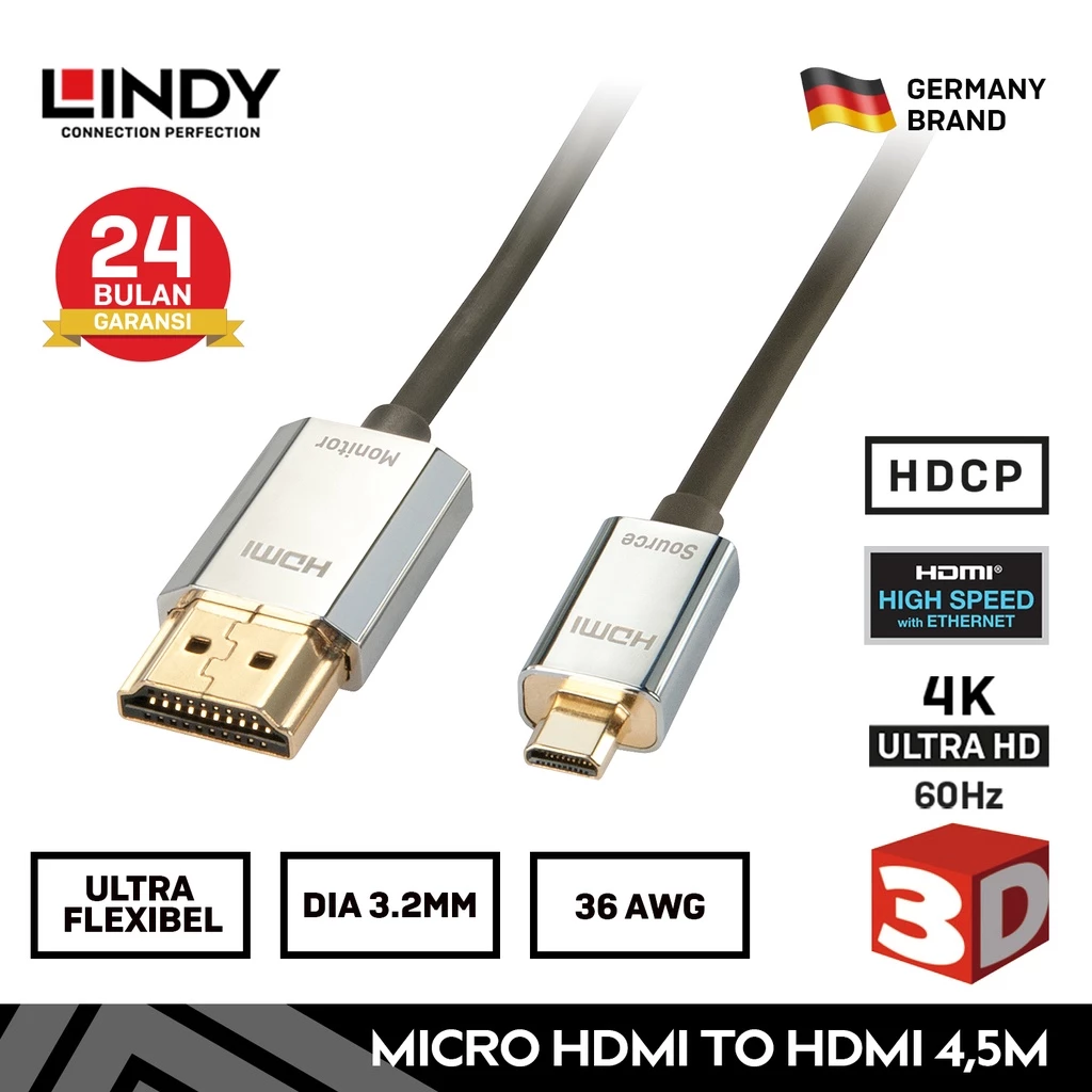 Kabel Micro HDMI Type D LINDY 4.5M Cromo Ultra Slim Micro HDMI 2.0 to HDMI 18Gbps 4K HDR Dolby Vision HDR10+ HDR10 HDCP