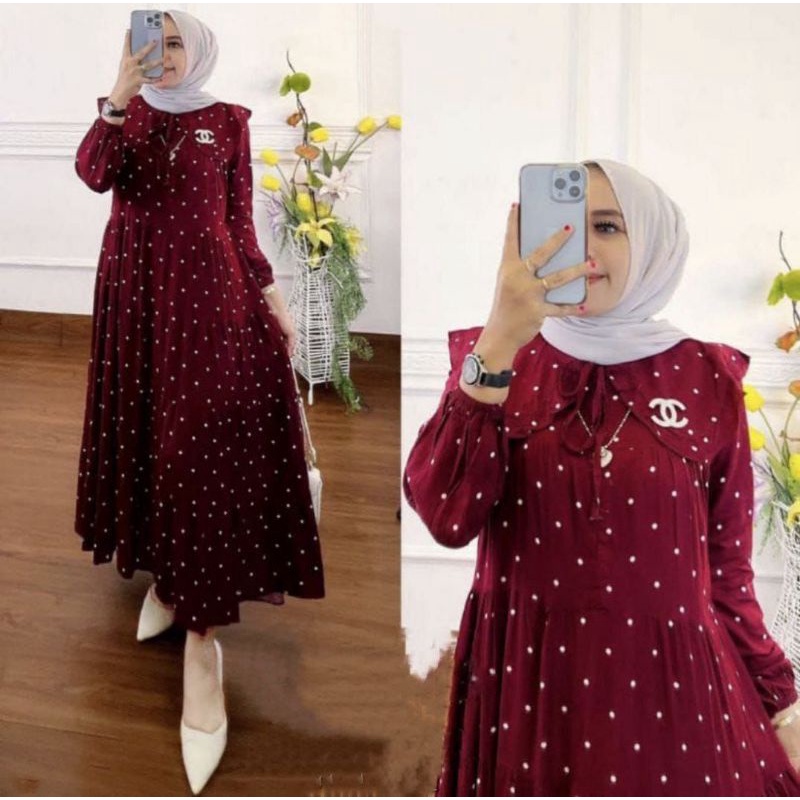 Jual DRESS KANIA// GAMIS RAMPEL MOTIF POLKADOT/ MIDI DRESS POLKA ...