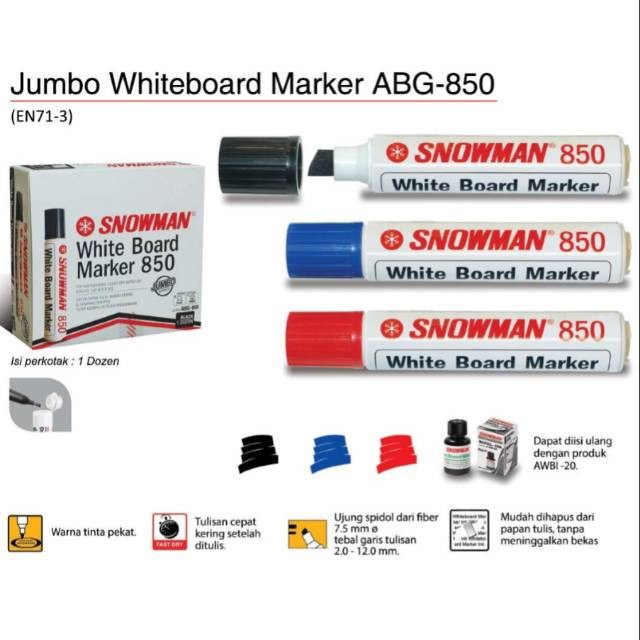 Jual Snowman Whiteboard Marker Spidol Jumbo Hitam ABG-850 Black (Chisel ...