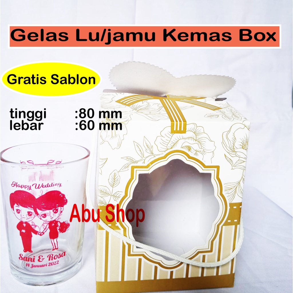 Jual Souvenir Pernikahan Gelas Lu Jamu Bening Sablon Kemasan Box Gratis Sablon Nama Untuk