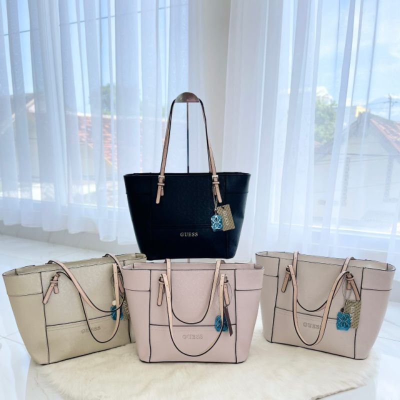 PROMO SALE Tas Guess Tote Bag besar Delaney pink hitam gold ivory putih