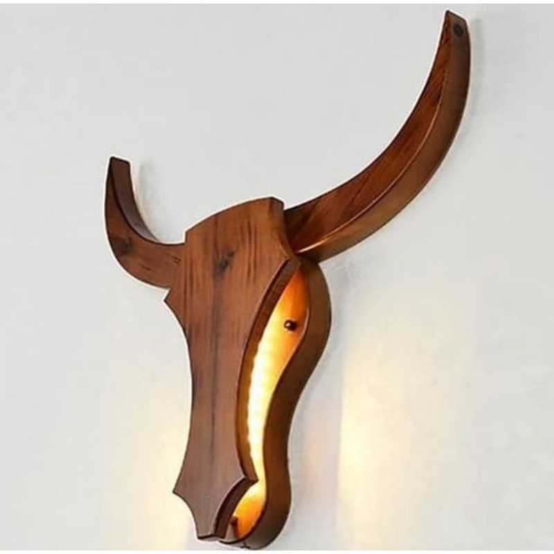 wooden bull head - bull head - lampu dinding - lampu dekorasi - dekorasi kepala banteng