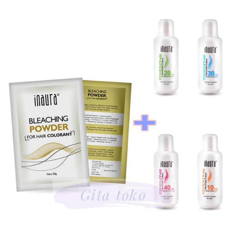 Jual inaura Bleaching saset 20gr (2pc)+ inaura peroxide 200ml (1pc ...
