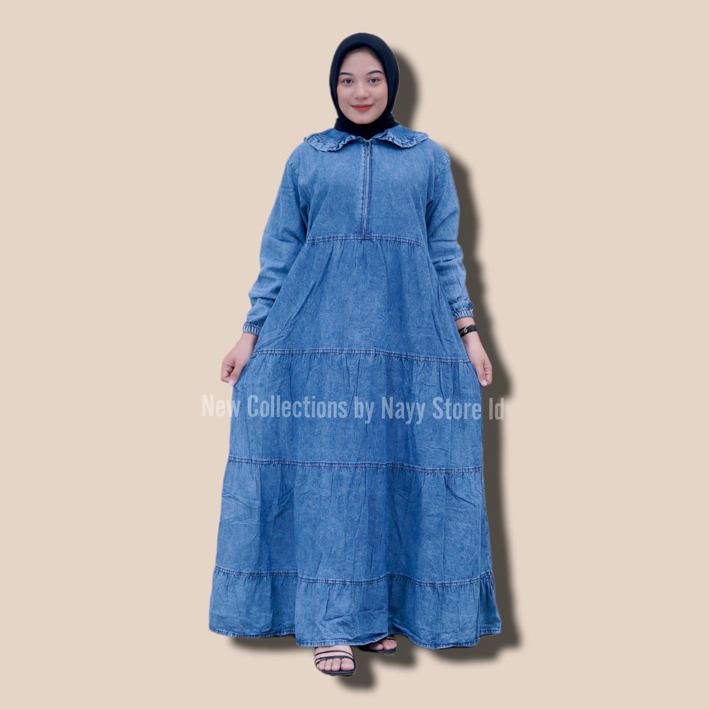 Jual Baju Gamis Dress Jeans Denim Muslim Wanita Terbaru Kondangan Busui Kekinian Snow Blue