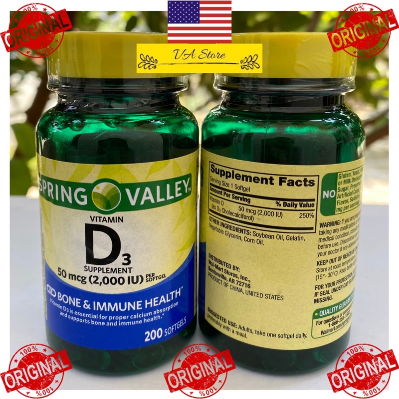 Jual SPRING VALLEY Vitamin D3 Supplement 50 mcg (2,000 IU) per softgel (200 Softgels) Shopee