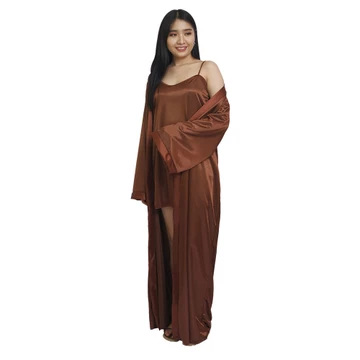 FOLVA Kimono Set Baju Tidur Satin 1395KTSET Coklat All Size