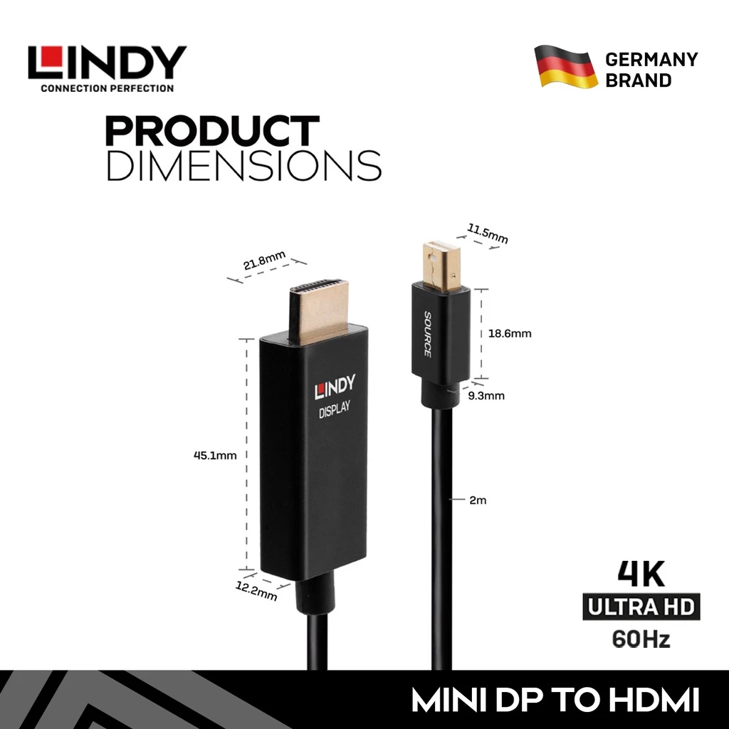 LINDY Kabel Mini DisplayPort to HDMI 2M 3M Mini DP to Hdmi Thunderbolt Mac Laptop to Monitor Cable Male to Male 4K 60Hz 