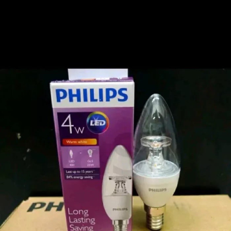 Jual Led Candle Philips E14 4watt 25watt Pijar 2700k Warm White Kaca Bening 220vac Ip20 4029