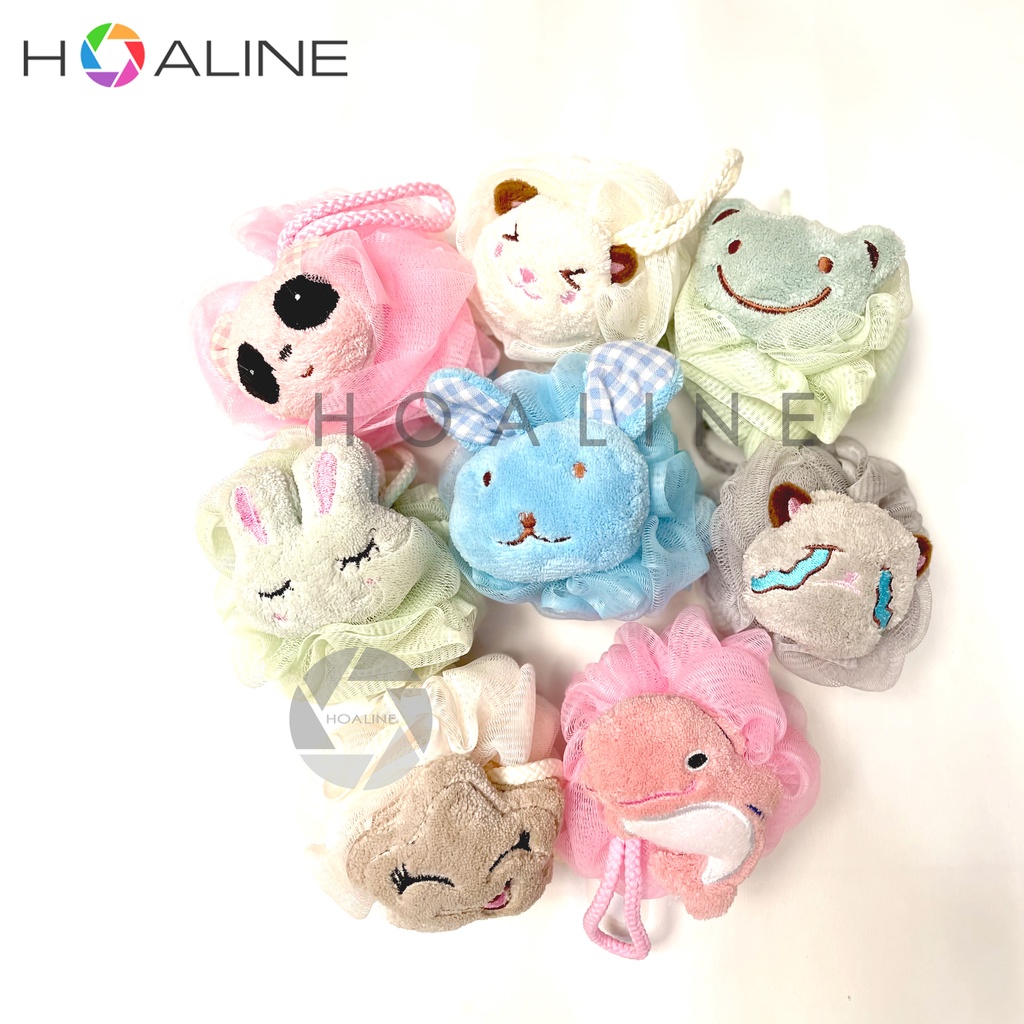 Rubinson-store Cartoon Bath Pouf Sponges, 4 Pack (Rabbit, Bear, Duck, Frog), Soft Polyester and Cotton, Fun Colors for Kids