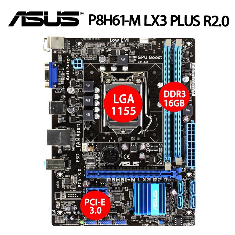 LGA 1155 Asus P8H61-M LX3 PLUS R2.0 Motherboard DDR3 16GB VGA i7 i5 i3  PCI-E 3.0 Desktop Intel H61 P