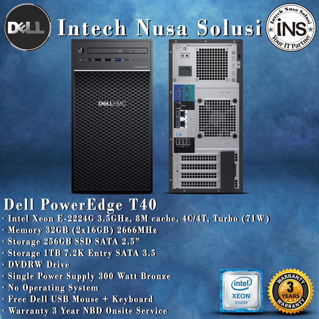 Jual SERVER DELL PowerEdge T40 Intel Xeon E-2224G 32GB 1TB SATA 256GB SSD SATA DVDRW 3YR ...