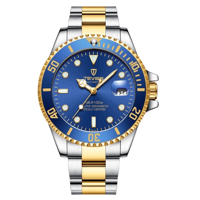 Jual Jam Tangan Pria Mekanik Automatic Tevise Submariner Silver Gold Blue Shopee Indonesia