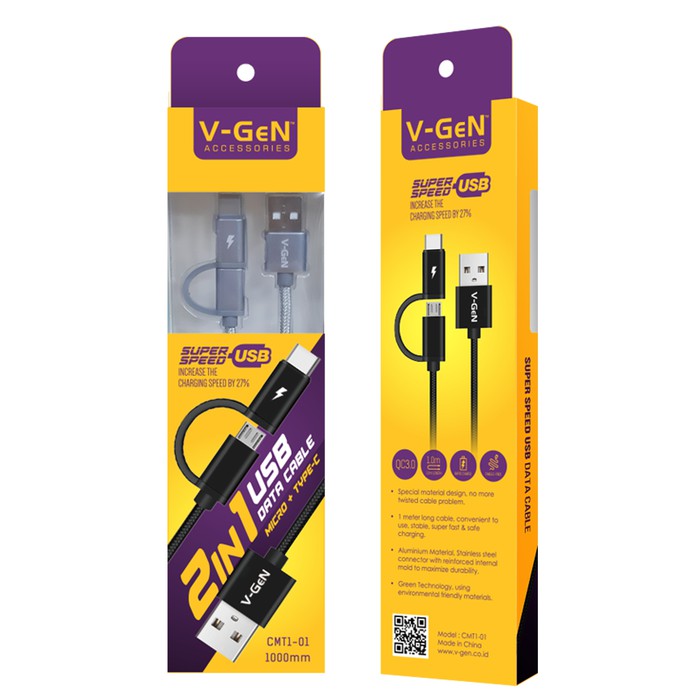 Jual Kabel Data V GeN Fast Charging 2 In 1 MicroUSB Type C CMT1 01 1M