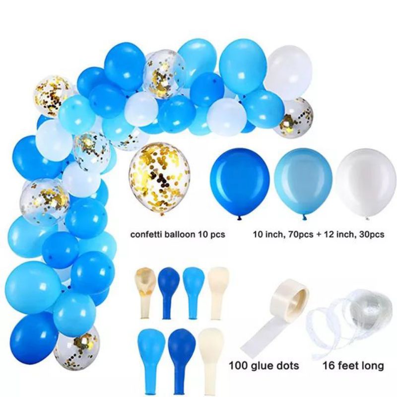 Jual paket balon mix 100 biru putih confetti beserta rantai balon