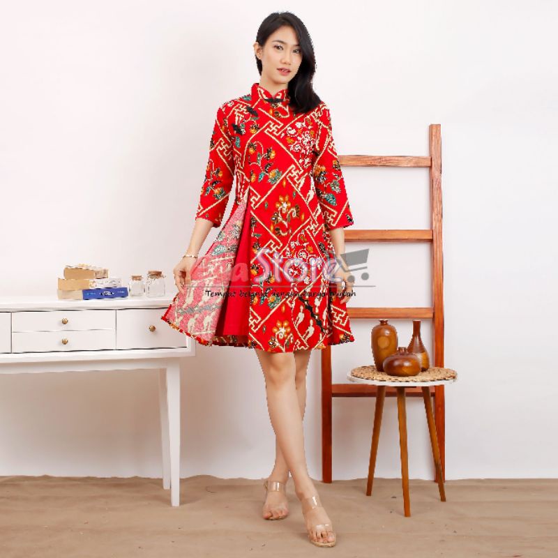 Jual Efremi Batik Dress Katun Strtetch Series Red Dress Batikbatik Kerja Kantorparty Dress 