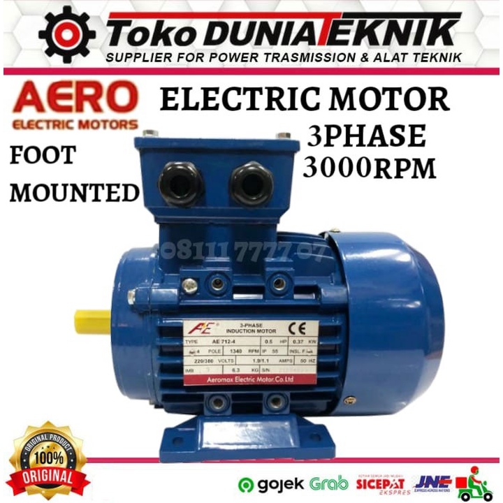 Jual AERO 3PHASE 0.37KW-0.5HP-3000RPM-2POLE-B3-FOOT MOUNTED ELECTRIC ...