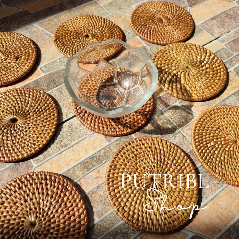 Jual Tatakan Gelas Anyaman Rotan Rajut Coaster Bali Placemat Rattan Coaster Souvenir 0366