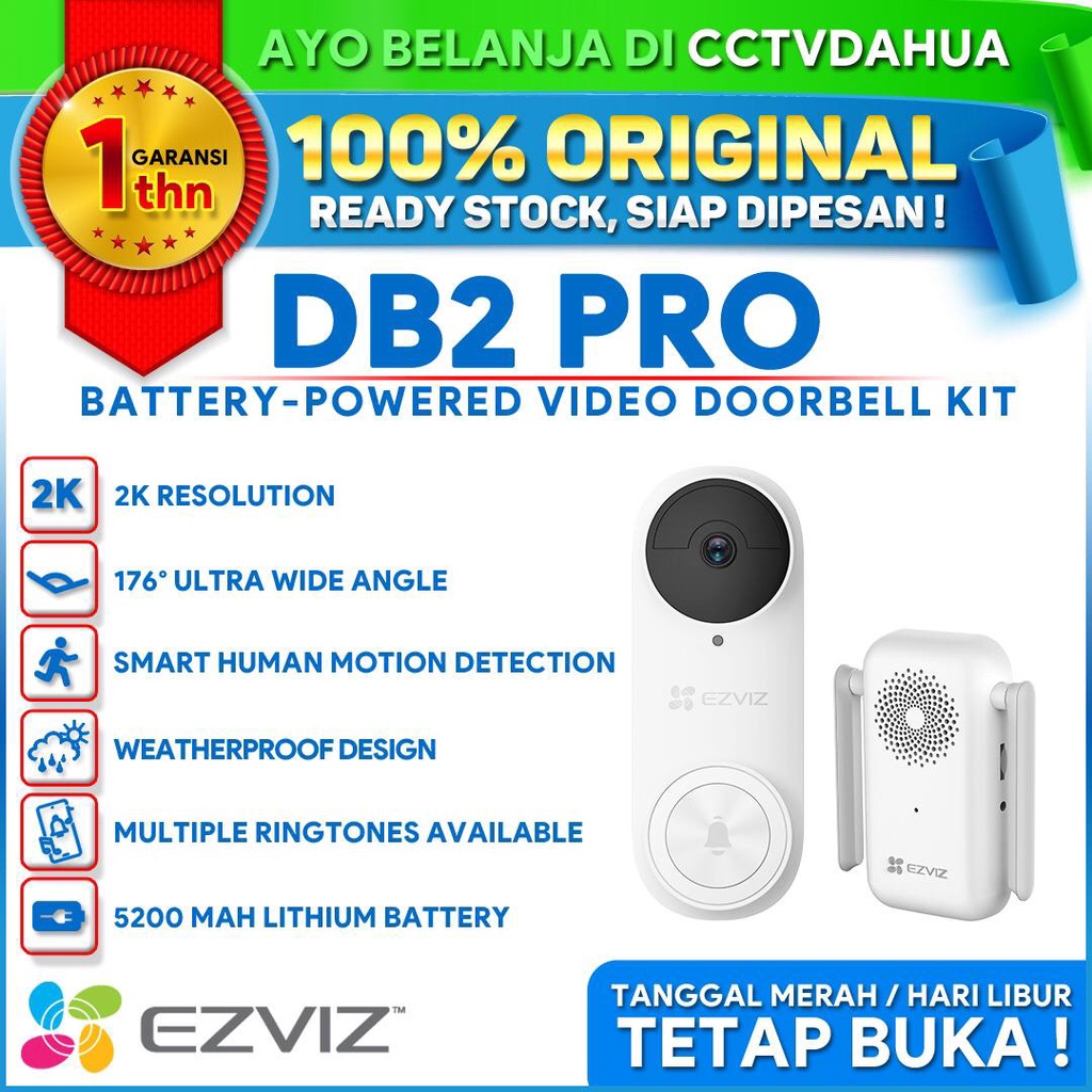 Jual EZVIZ DB2 PRO 2K 5MP H.265 BATTERY POWERED VIDEO DOORBELL KIT IP65 ...