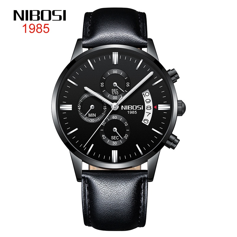 NIBOSI 2309 Blue Leather Fashion Mens Watches Top Brand Luxury Quartz Watch  Waterproof Luminous Chro