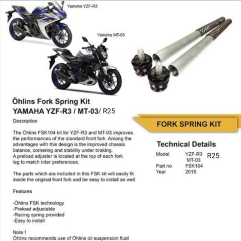 Jual Per Shockbreaker Depan Front Fork Kit Ohlins Yamaha R25 100% ...