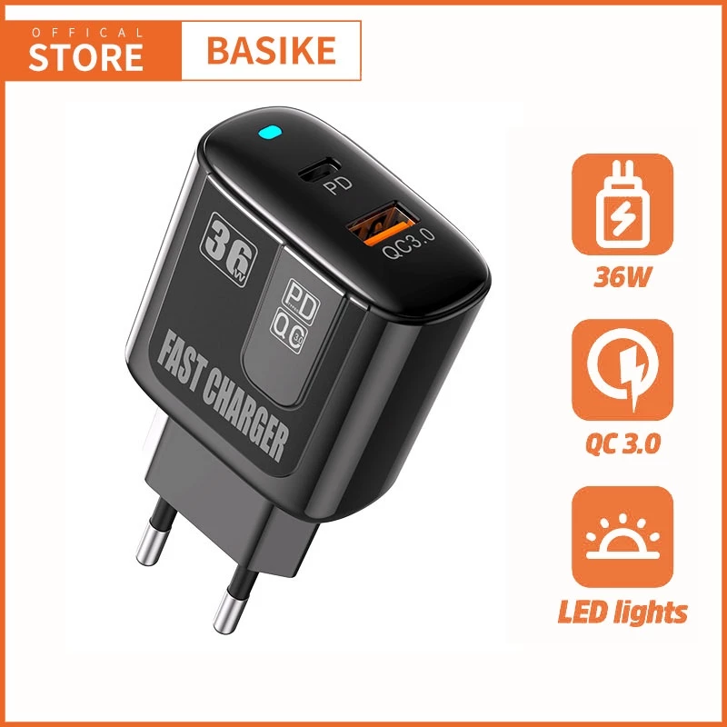 BASIKE Charger Fast Charging Type-C USB 18W-60W PD QC3.0 Tahan Api Mini Portabel Dual Port Pengisian Cepat LED Indikator Hemat Soket Listrik Kompatibel Semua HP iPhone Samsung Xiaomi Aman 8 Proteksi