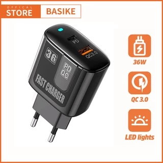 BASIKE Charger Fast Charging Type-C USB 18W-60W PD QC3.0 Tahan Api Mini Portabel Dual Port Pengisian Cepat LED Indikator Hemat Soket Listrik Kompatibel Semua HP iPhone Samsung Xiaomi Aman 8 Proteksi