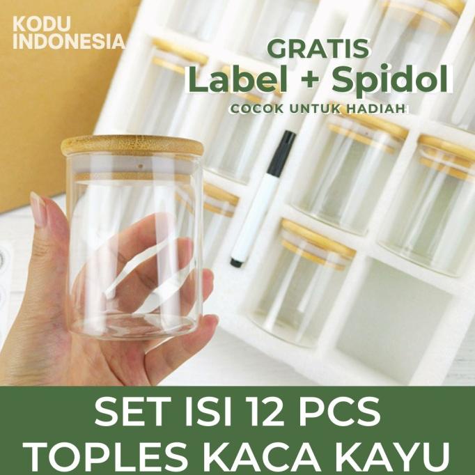 Jual SET 12 PCS TOPLES KACA TUTUP KAYU BAMBOO LID GLASSJAR SPICE