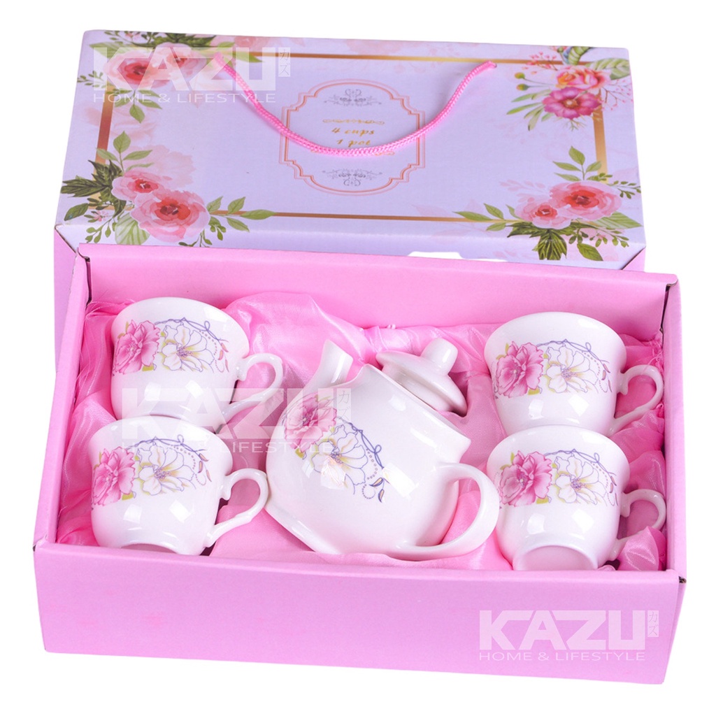 Jual KAZU TEA POT SET 4 CUP C23 CERAMIC QUALITY MOTIF BUNGA TEKO ...
