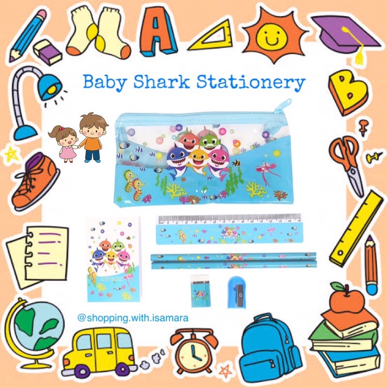 Jual Baby shark stationery / alat tulis pensil penggaris penghapus