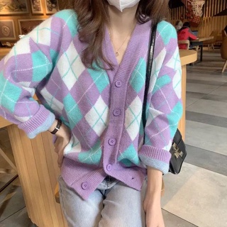【COSYHARU】Modern argyle cardigan Bershka Argyle Cardigan Black White Charcoal Grey Mens