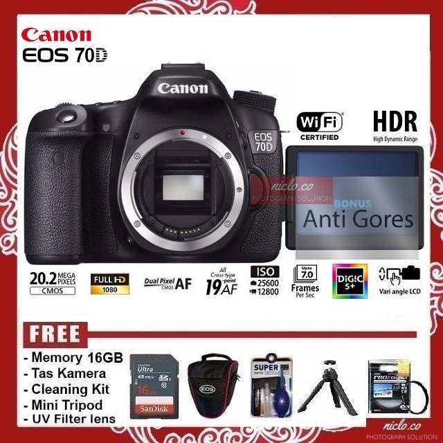[NEW] KAMERA EOS CANON 70D Body Only (BO) Wifi GARANSI TAHUN FREE  ACCESORIES CAMERA DSLR VLOG 60d 80d 7d 6d
