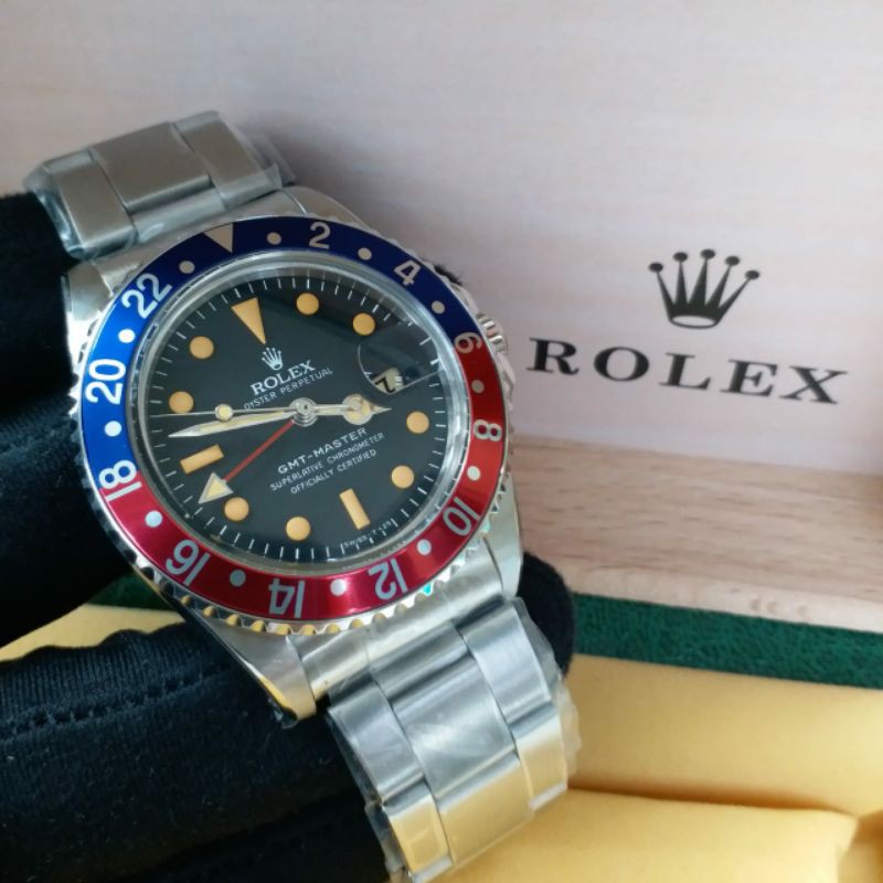 Jual JAM TANGAN COWOK ROLEX VINTAGE 6542 GMT MASTER II DIAL BLACK SWISS ETA CLONE Shopee Indonesia