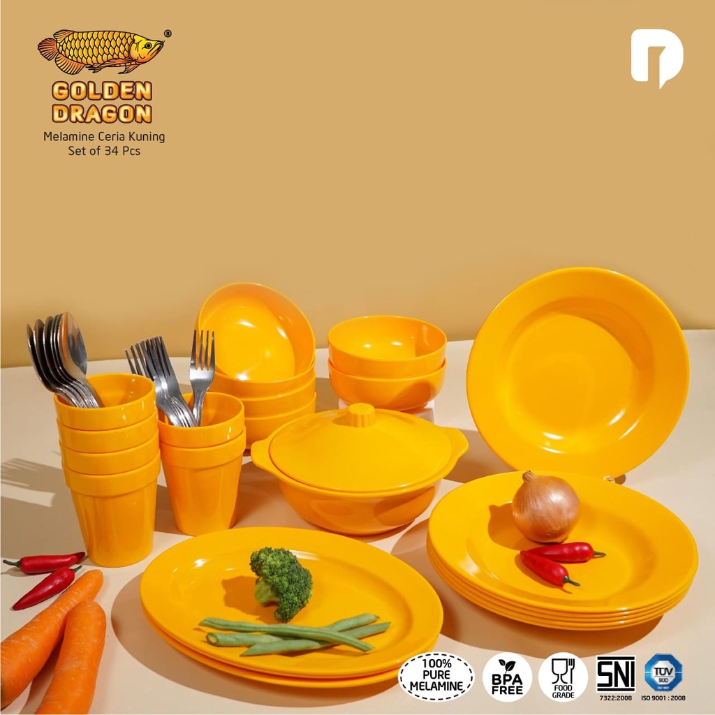 Jual Alat Makan Lengkap Golden Dragon Melamine Ceria Kuning Set Of 34 ...