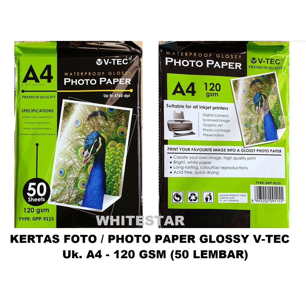 Jual Kertas Foto Photo Glossy Paper A4 V Tec 120 Gsm 50 Lembar Vtec