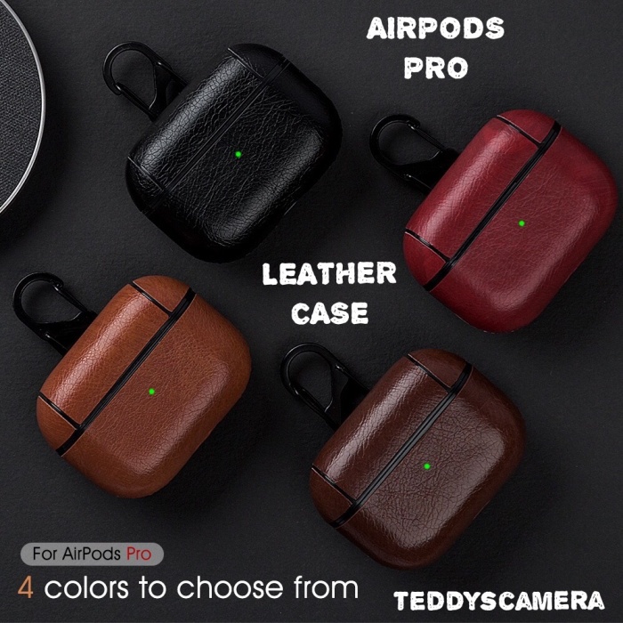 AIRPODS PRO CASE LEATHER PU HARDCASE WITH CARABINER FULL PROTECTION Merah  (BERKUALITAS)