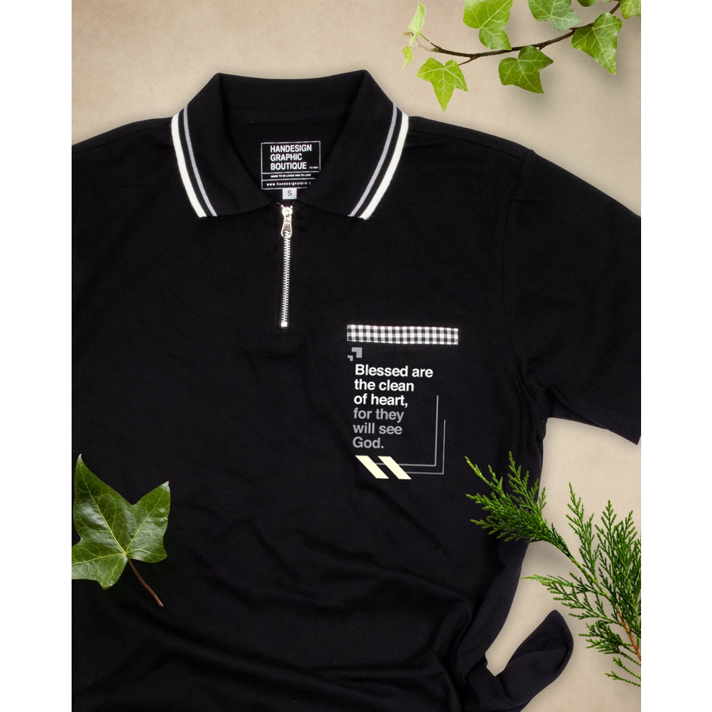 Jual KAOS HANDESIGN KATUN KOMBED BERKERAH HITAM RESLETING KANTONG