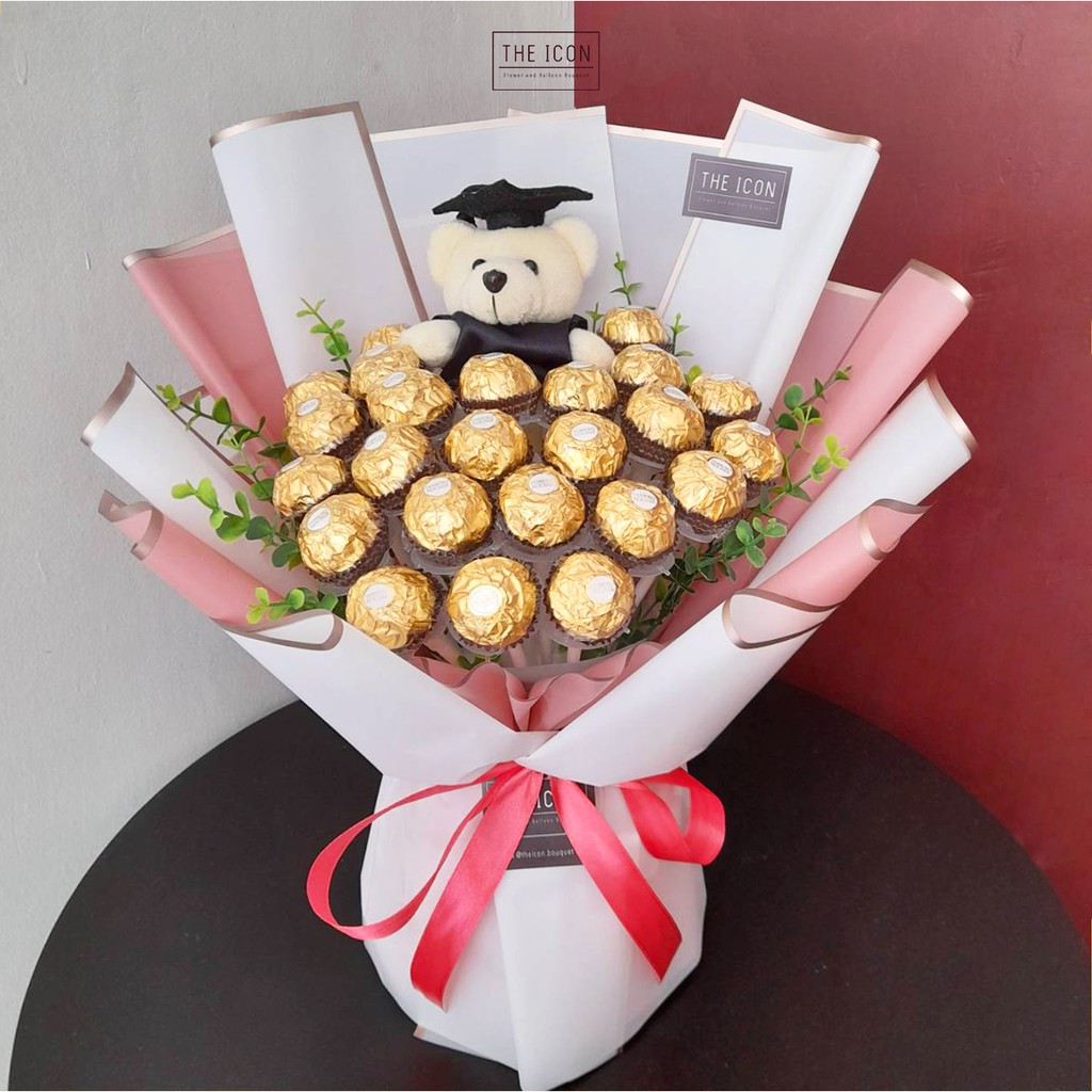 Jual Bunga Buket dengan Coklat Ferrero Rocher tema Heartfelt