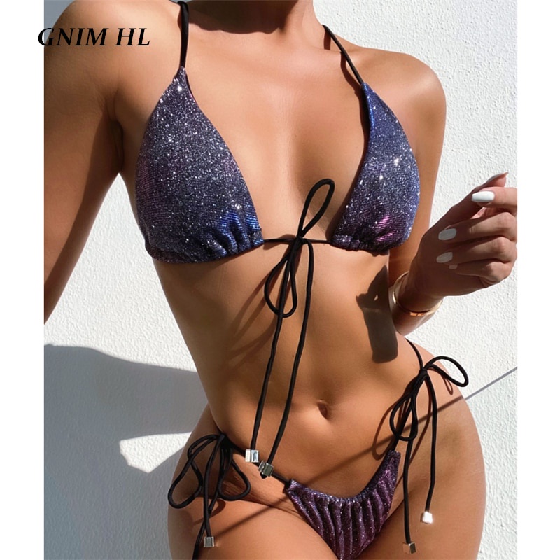 Jual Preorder Seksi Mengkilap String Bikini Set 2021 Perban Swimwear