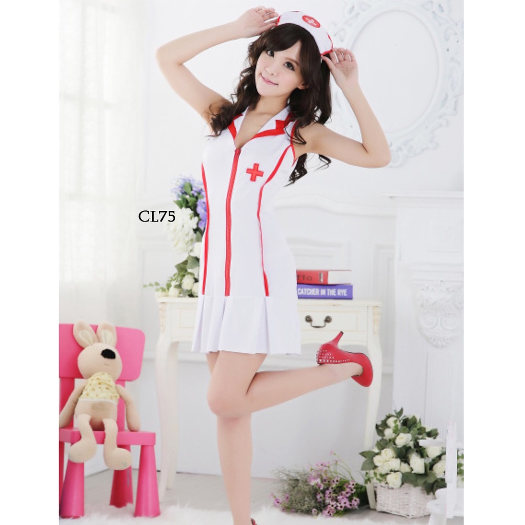 Jual Produk Baru Baju Tidur Set Lingerie Sexy Bando Topi G String Cosplay Suster Kostum 7103