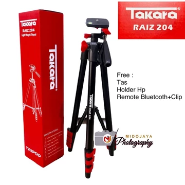 Tripod Takara RAIZ 204 Paket Free Holder Hp Remote Bluetooth Clip Tas