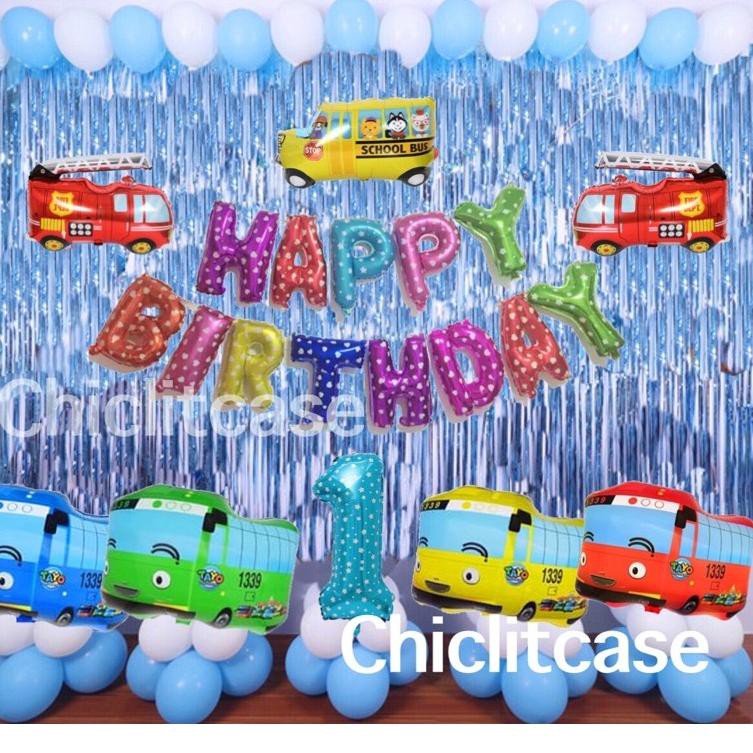 Jual Baru Set ulang tahun paket balon pum biru tayo the bus/tema mobil ...