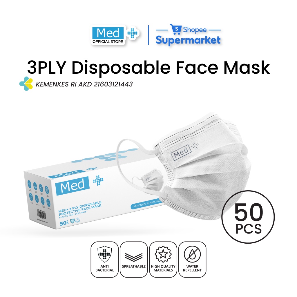 Jual Med+ Masker 3 Ply Putih 50 Pcs | Shopee Indonesia
