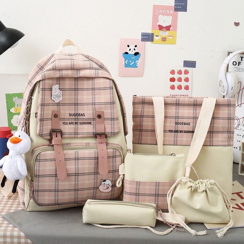 Tas Ransel Anak Sekolah Wanita Impor Set 5 In 1 Original Backpack Fashion Korea Tas Punggung SD SMP SMA Perempuan Terbaru Kekinian